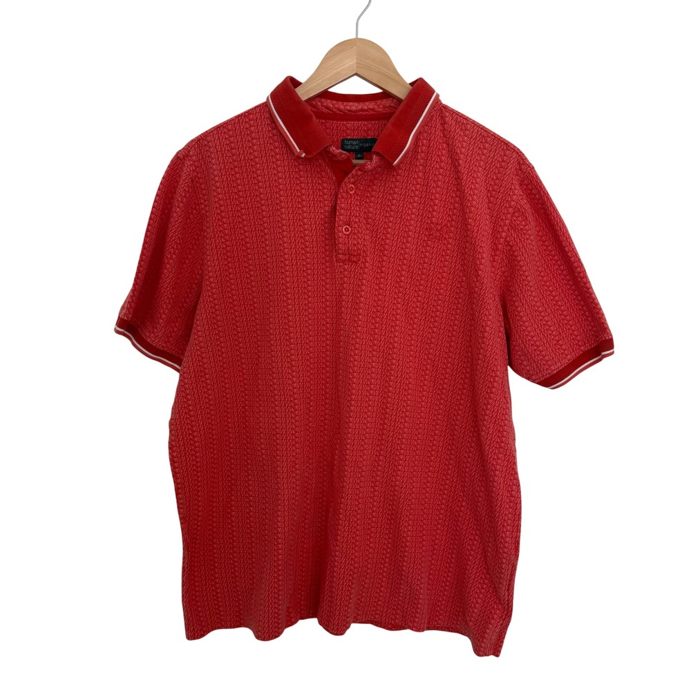 Human Nature Organic Mens XL Polo Shirt Red Geometric Short‎ Sleeve Cotton